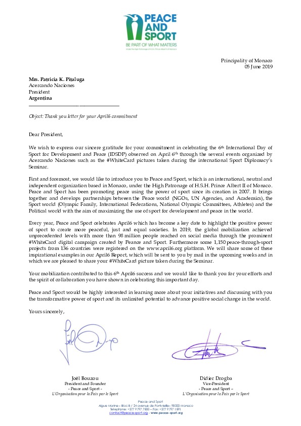 Carta aval Peace and Sport — firmada por Joël Bouzou y Didier Drogba, junio 2019